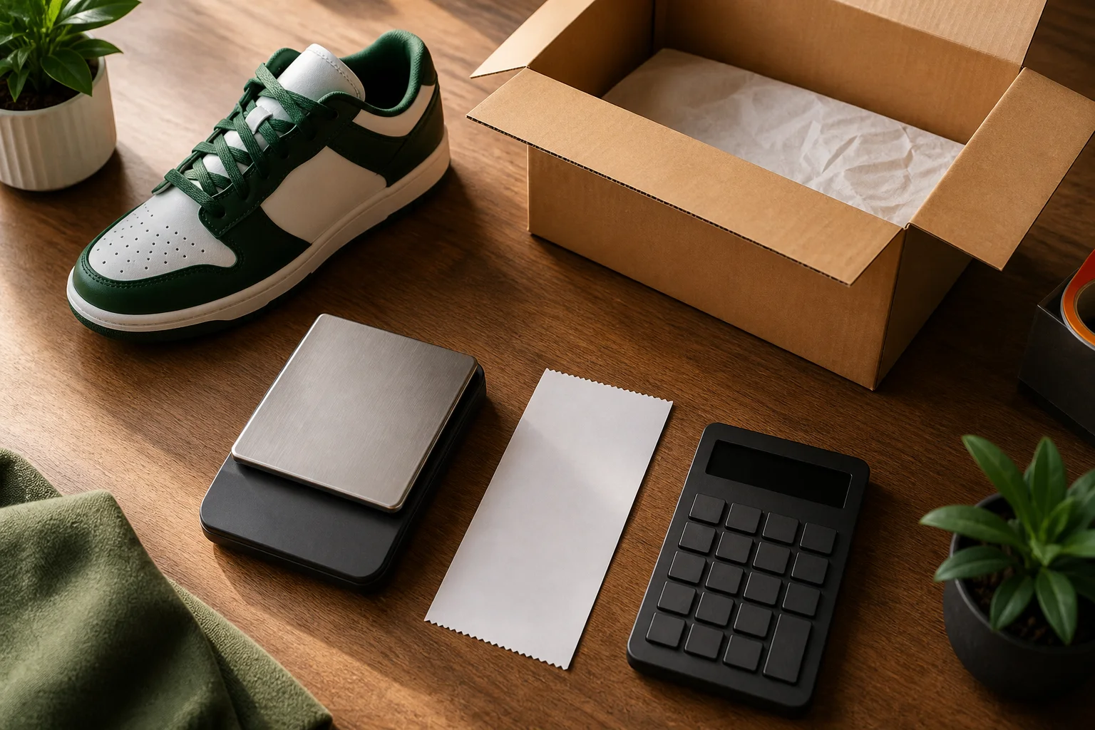 Sneaker resale packing table with blank receipt, shipping box, scale, and calculator