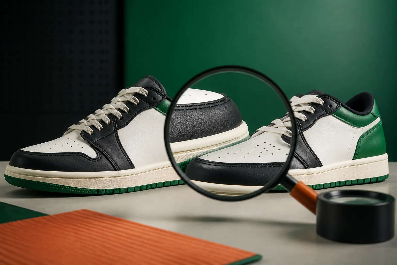 Two unbranded sneakers being compared under a magnifying lens