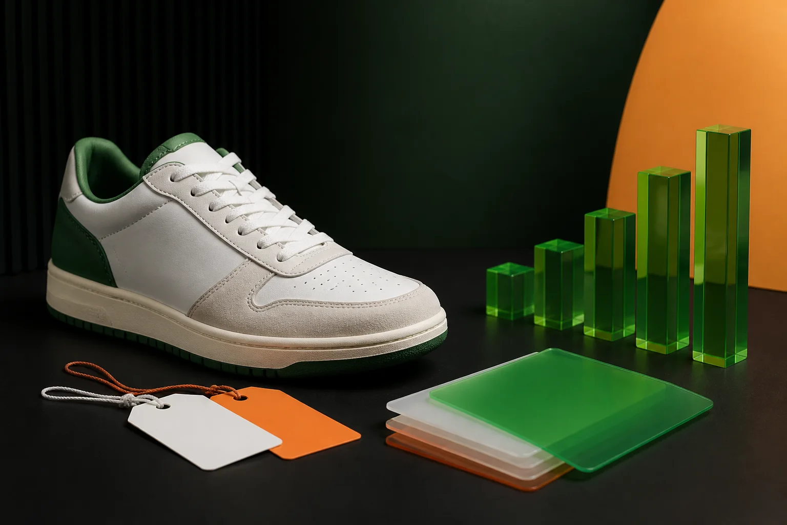 Unbranded sneaker beside physical cards representing a resale-value range