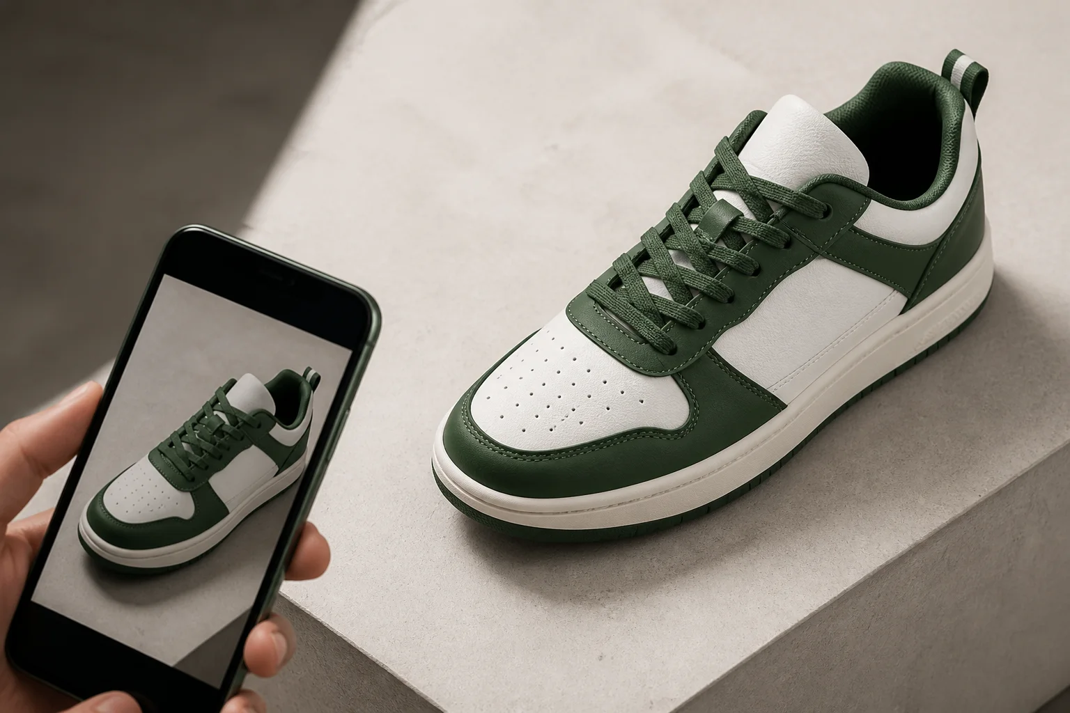 Phone camera aimed at an unbranded sneaker for photo identification