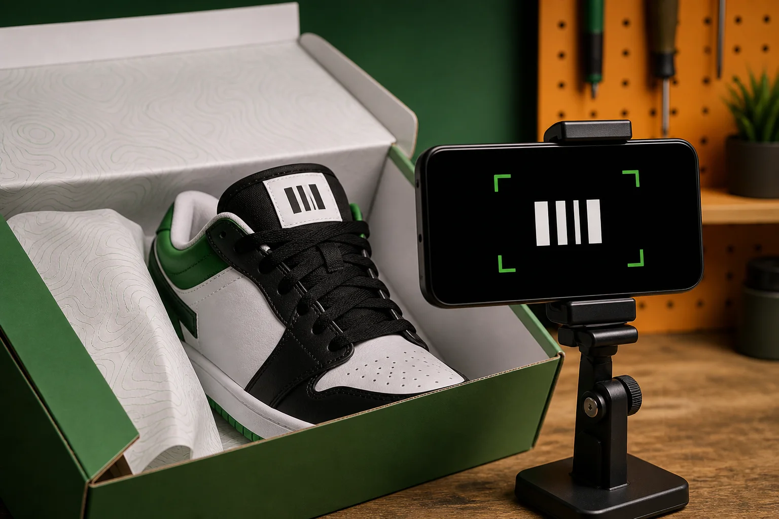 Phone aligned with barcode lines on an open unbranded shoebox