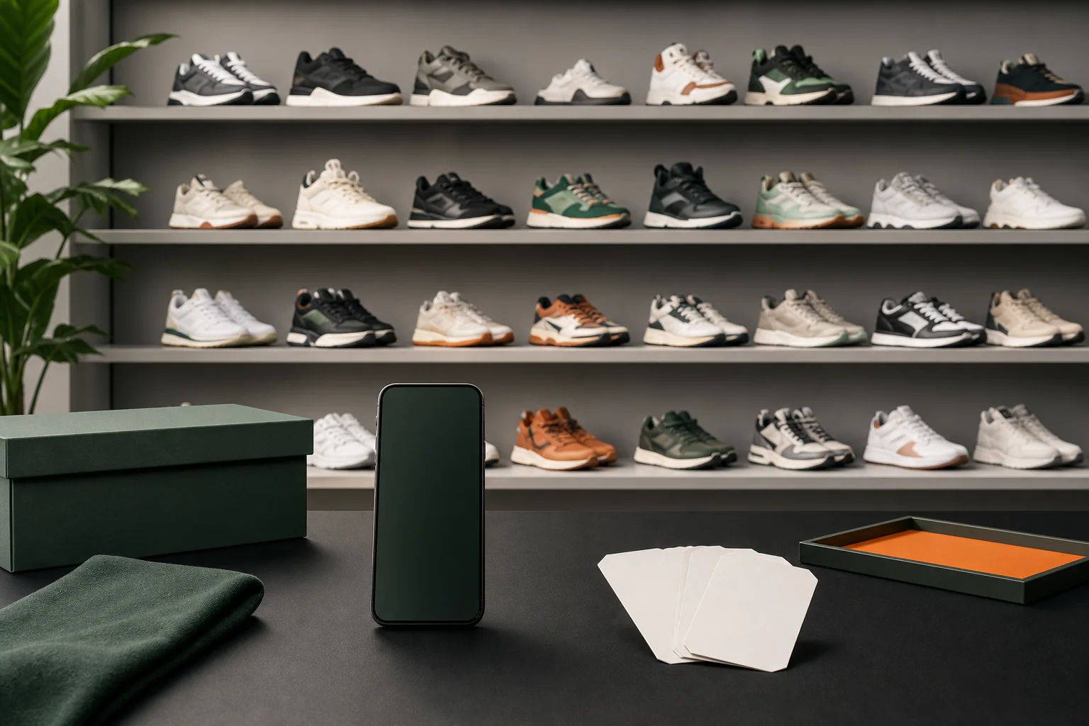 Organized wall of unbranded sneakers with blank collection-value cards