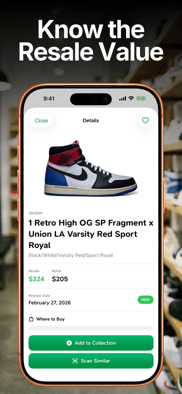 SneakerLens resale estimate screen with low, middle, and high price ranges