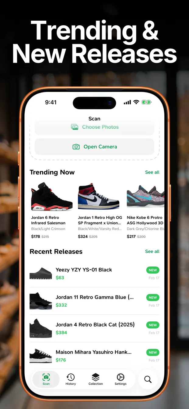 SneakerLens discovery screen with trending sneakers and upcoming releases