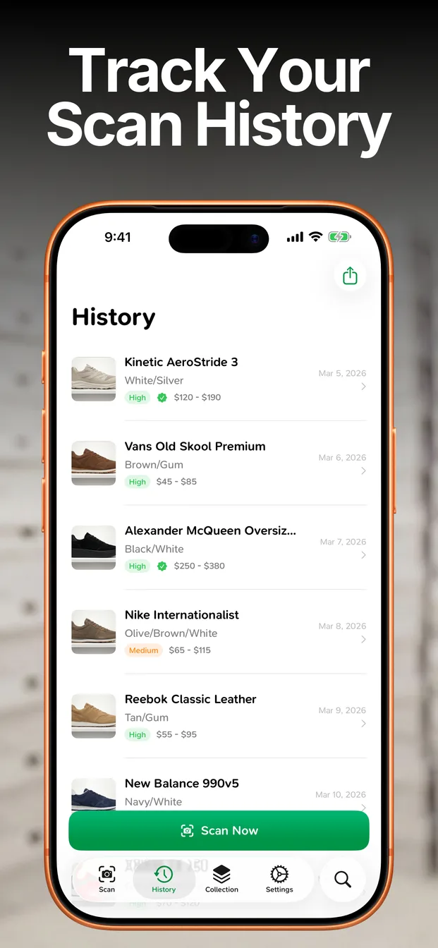 SneakerLens scan history with recent identification records