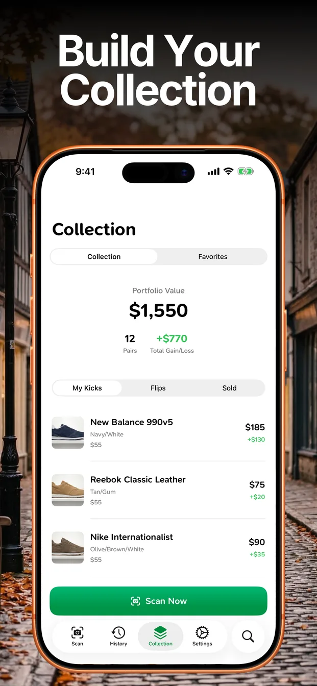SneakerLens collection dashboard with estimated value and profit tracking