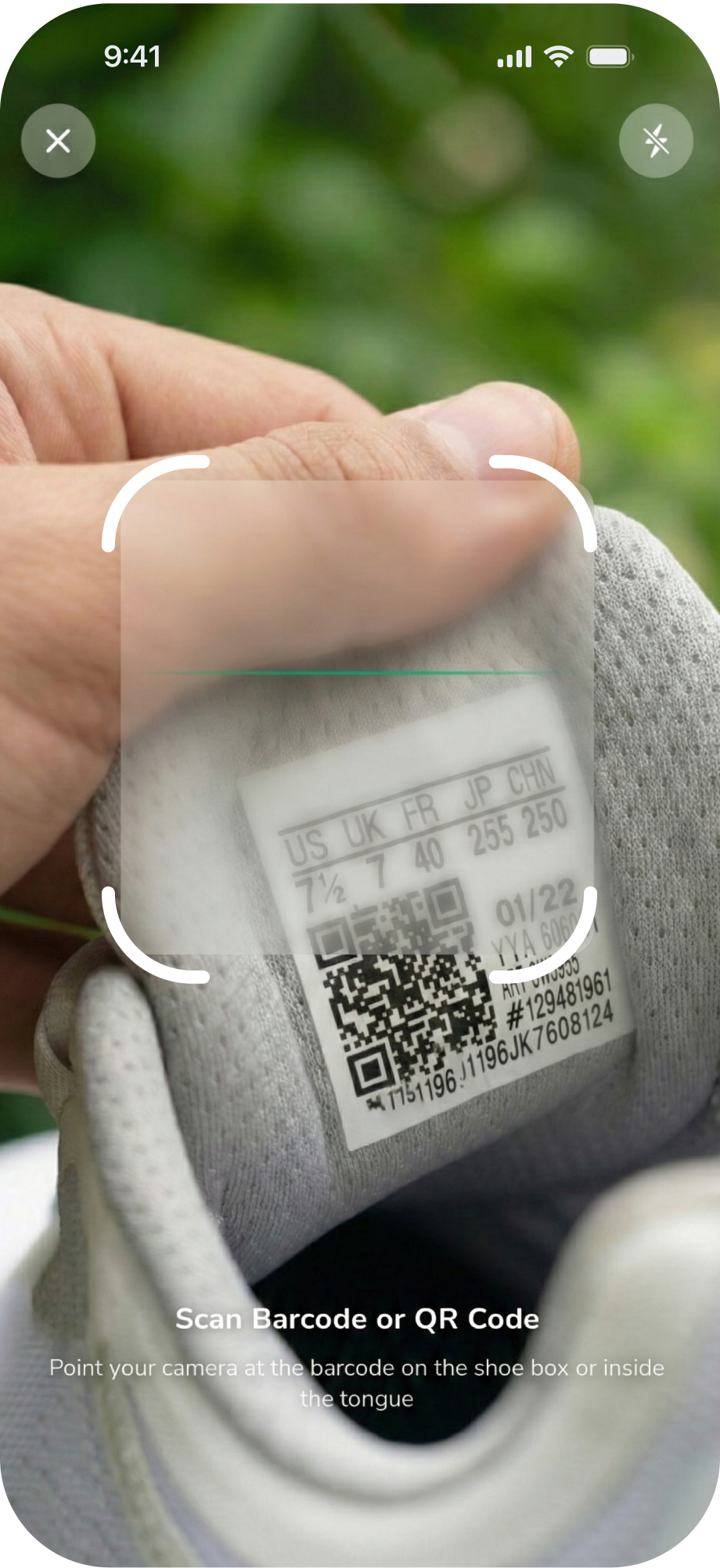 SneakerLens camera scanning a sneaker barcode