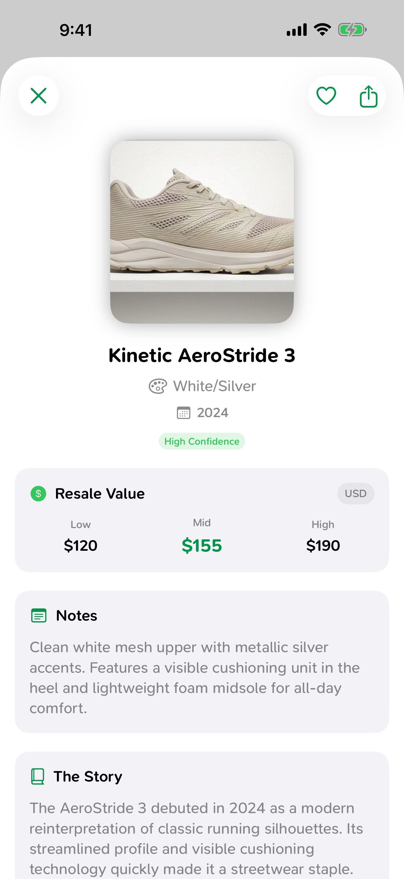 SneakerLens AI showing sneaker identification with resale values